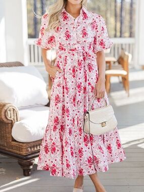 Peach Love California Pink and Red Floral Maxi Dress with Collar and Tie Waist